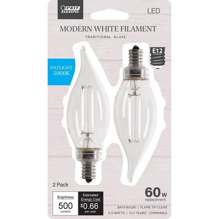 FEIT ELECTRIC BA10 E12 (Candelabra) Filament LED Bulb Daylight 60 Watt Equivalence 2 pk BPCTC6050WFIL/2